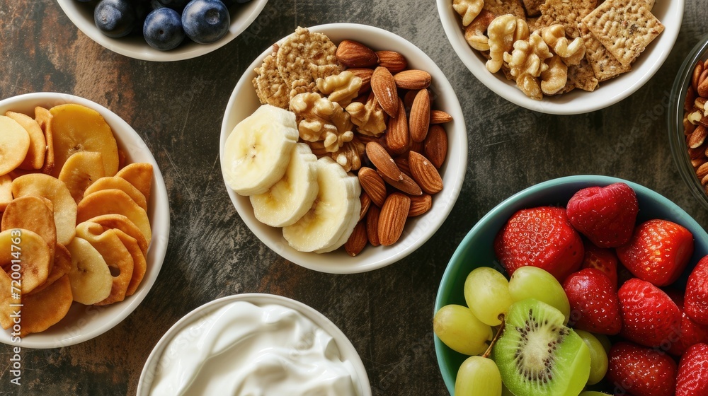 Diet Yogurt and Healthy Snacking: fruit slices, nuts, grain crackers