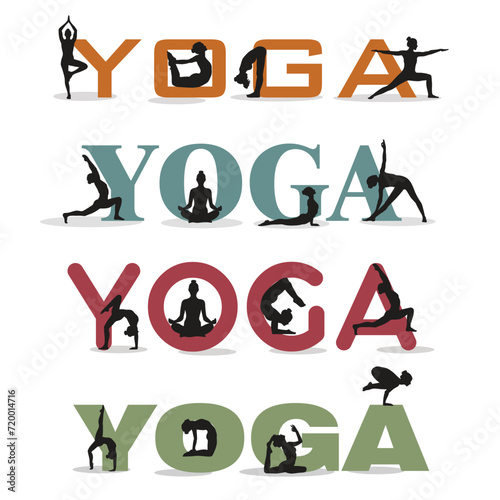 Yoga word with yoga poses, woman silhouettes  © Seniz