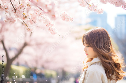春 桜の前で微笑む女性