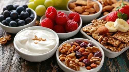 Yogurt and Healthy Snacking: fruit slices, nuts, grain crackers
