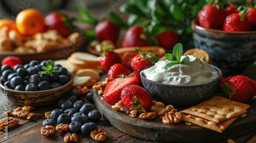 Fruity Yogurt and Healthy Snacking: fruit slices, nuts, grain crackers © thesweetsheep