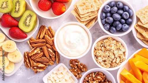 Yogurt breakfast and Healthy Snacking: fruit slices, nuts, grain crackers