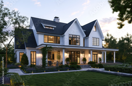 a house with garages and light fixtures at night