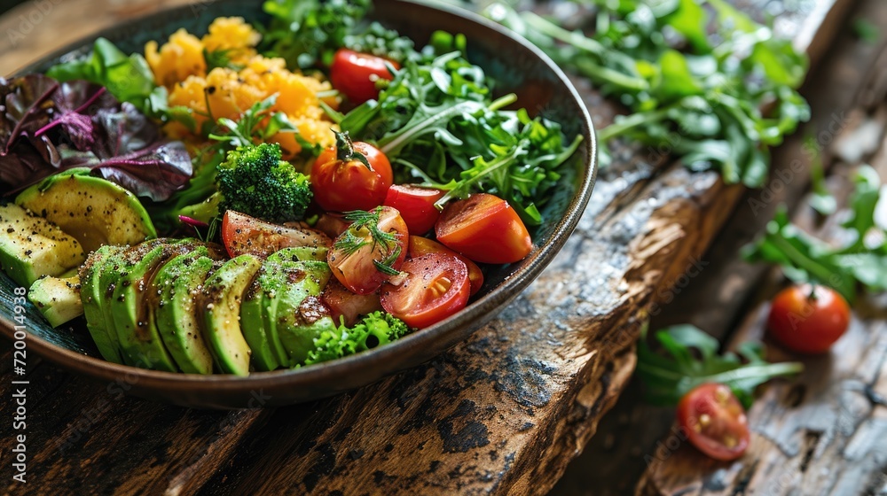 Healthy Vegan Dish, colorful nutritious vegetable meal Healthy Vegan Dish, colorful nutritious vegetable meal