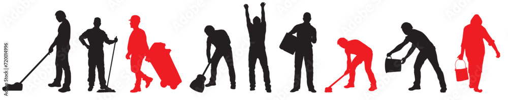 Vector silhouette of a cleaning people on a  transparent background. Men and women cleaning concept vector. 