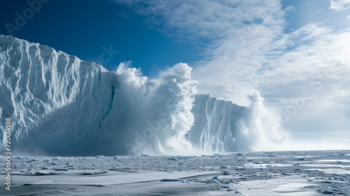 Iceberg crashing into the sea with a dynamic splash.