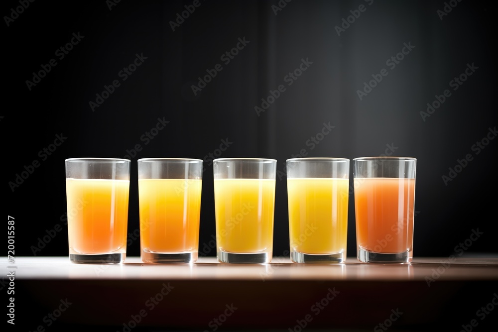 multiple glasses of carrot juice lined up, gradient of color shades multiple glasses of carrot juice lined up, gradient of color shades