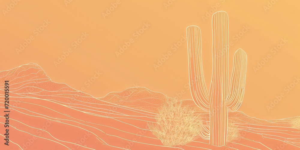 Single-line drawing of a sizable cactus set against a backdrop of fine, orange hues minimalist style.