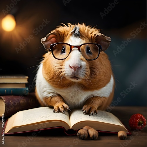 funny pet animal reading a book, a guinea pig with glasses 