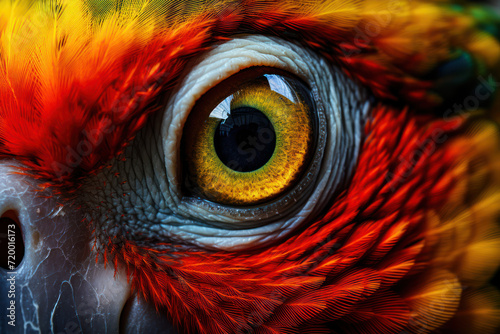 Macro photo a parrot's eye, emphasizing the vibrant color and intelligent expression