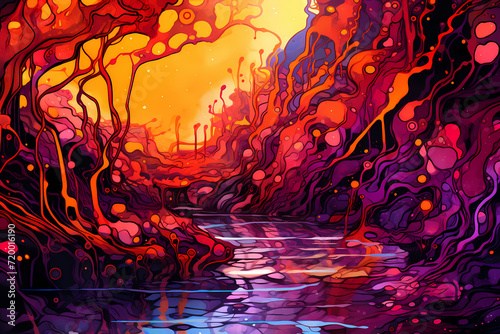 Vibrant colorful abstract painting, depicts a dynamic mix of swirling, splashing, and dripping liquids paints in various colors. Abstract scene. photo