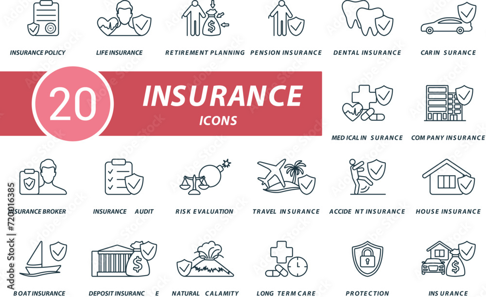 Insurance outline icons set. Creative icons: insurance policy, life insurance, retirement planning, pension insurance, dental insurance, car insurance, medical insurance and more
