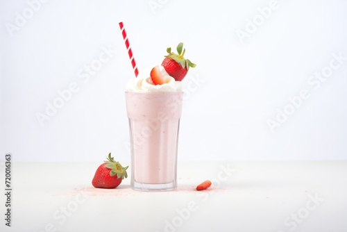 strawberry shake with a straw on white background