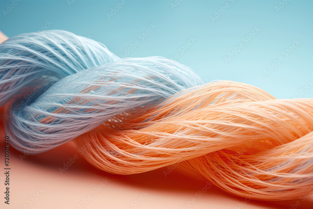 Macro photo of wool fluffy thread of yarn for knitting on a soft blue pastel background Macro photo of wool fluffy thread of yarn for knitting on a soft blue pastel background