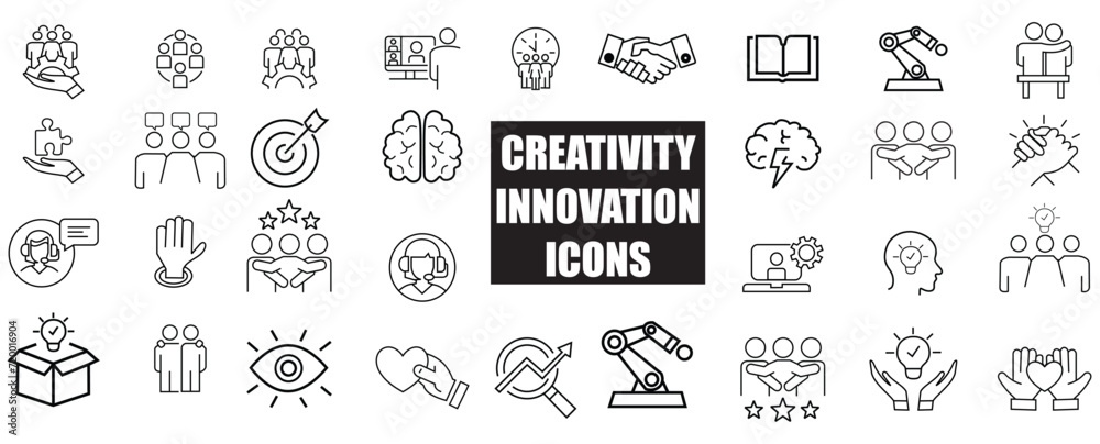 Creativity innovation set of web icons in line style. Creative business solutions icons for web and mobile app. Creative idea, team management, solution, brainstorming, invention. Vector illustration