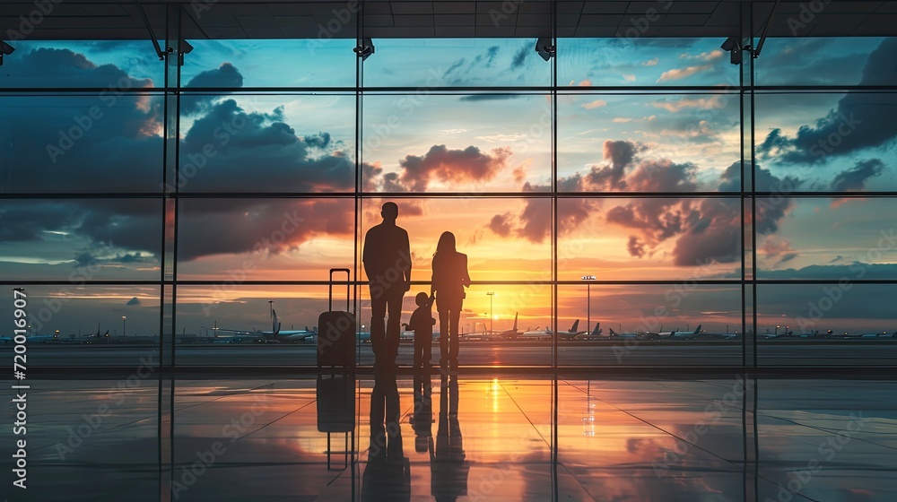 Silhouettes of a young family, filled with excitement, standing against the backdrop of a bustling airport terminal, capturing the anticipation of new adventures.