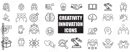 Creativity innovation set of web icons in line style. Creative business solutions icons for web and mobile app. Creative idea, team management, solution, brainstorming, invention. Vector illustration
