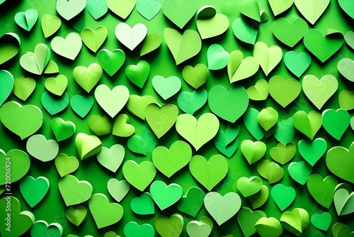A top view of a mosaic of green paper hearts forming a lush and inviting background, perfect for expressing love.