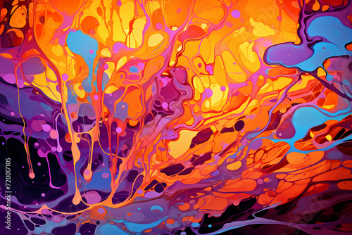 Vibrant colorful abstract painting, depicts a dynamic mix of swirling, splashing, and dripping liquids paints in various colors. Abstract scene.