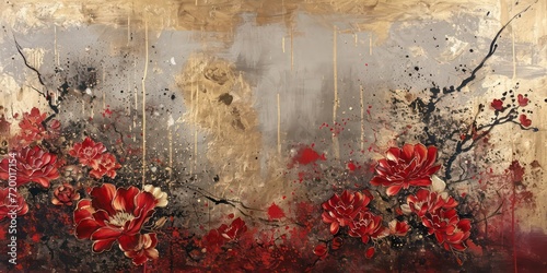 Japan style art painting graces the canvas with its opulent silver and gold background, reminiscent of the lavish hues found in the style of crimson and bronze.