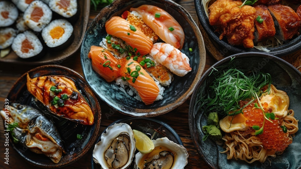 Sushi: Fresh seafood dish, fish, shrimp and oysters, emphasizing freshness and flavor. Sushi: Fresh seafood dish, fish, shrimp and oysters, emphasizing freshness and flavor.