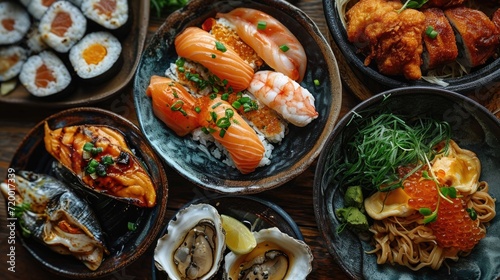 Sushi: Fresh seafood dish, fish, shrimp and oysters, emphasizing freshness and flavor.
