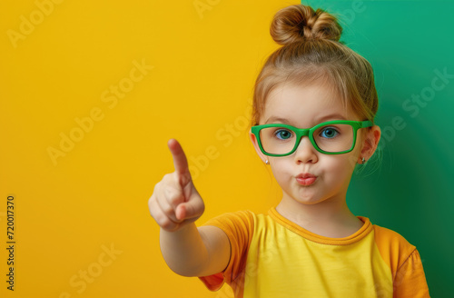 a kid with glasses pointing finger