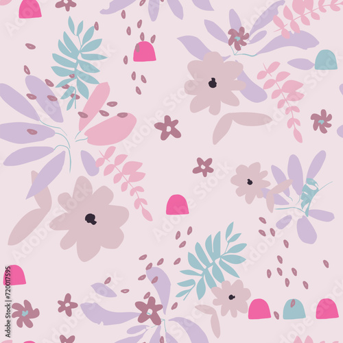 Abstract floral seamless pattern. Bright, pastel colors, gouache painting. Outline contour lines flowers. Scribble patterns Curved lines and brush strokes.