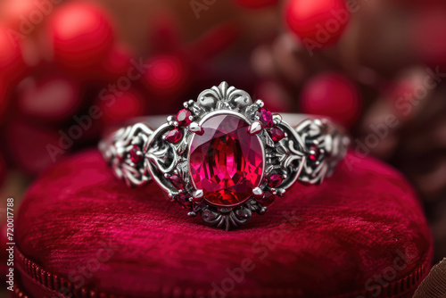 Macro close up red color gemstone. Luxury ring display with shining colourful stones and diamonds. High end luxury.