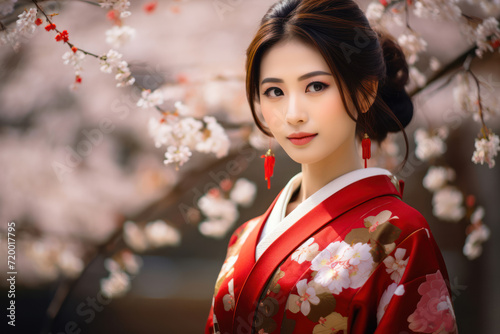 Photograph of a 25-year-old Japanese bride in a traditional kimono, posing under cherry blossoms
