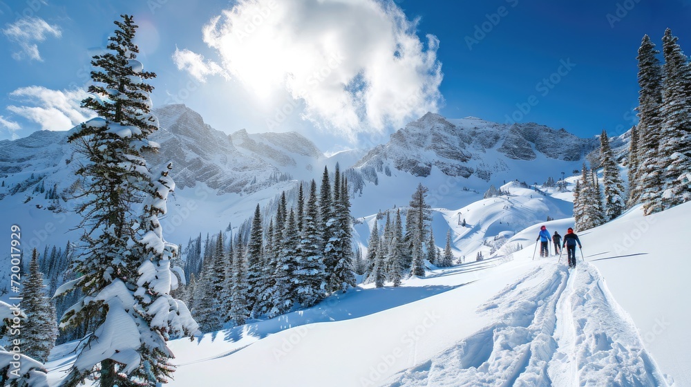 Fototapeta premium Winter wonderland scene with skiers gliding down snowy slope