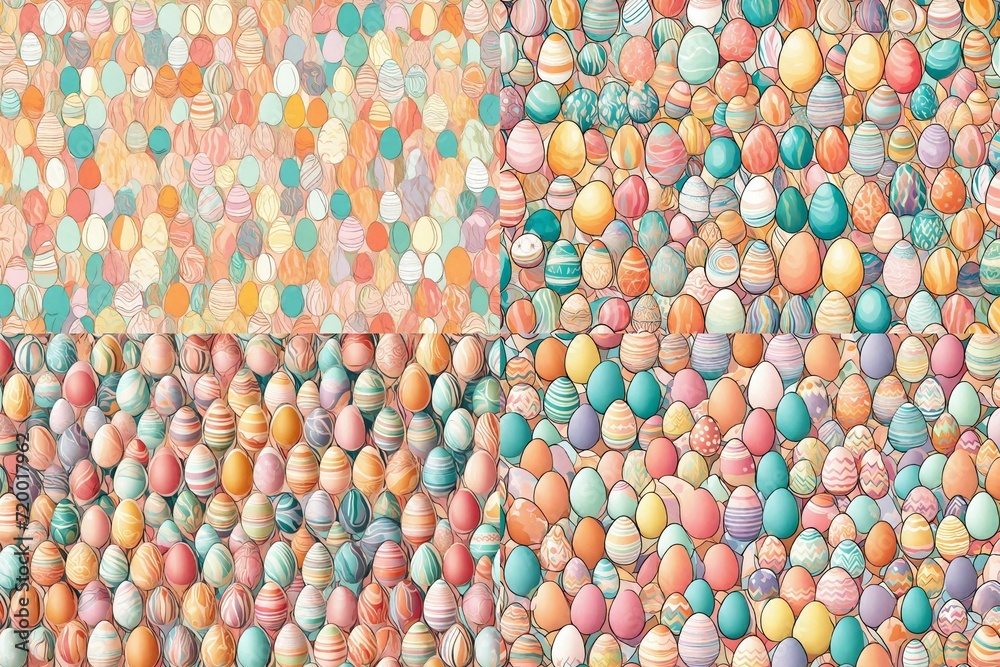 Playful and sophisticated, an abstract masterpiece unfolds with Easter eggs in a seamless pattern, bathed in the lively brilliance of pastel colors.