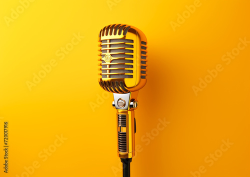 Vintage Yellow Microphone on a Yellow Background, Vintage microphone isolated in a classic chrome design, perfect for studio recording or live music performances