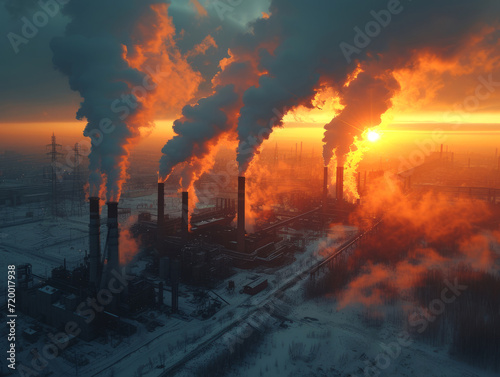 A plant polluting the environment with smog from its chimneys at sunset.