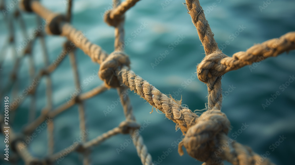 Taut ropes of a net against ocean backdrop. Taut ropes of a net against ocean backdrop.