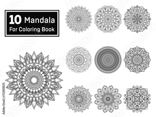 Bundle of 10 Ornamental Mandala For Coloring Book