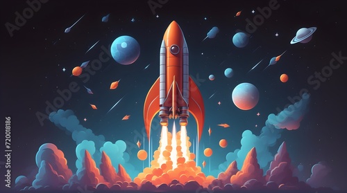 Illustration of the rocket taking off, business concept. Rocket launching to space background to space exploring. Interplanetary species concept of rocket taking off in the night sky.