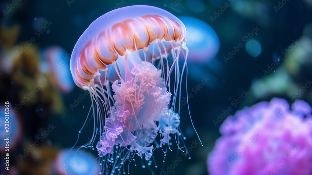 Ethereal jellyfish floating in a blue sea. Ethereal jellyfish floating in a blue sea.