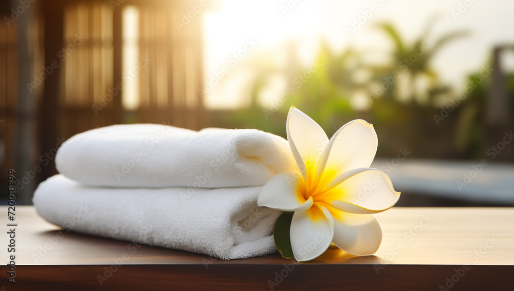 Spa and wellness setting with frangipani flowers and towels. Spa and wellness massage setting. Still life with candle, towel and stones. Outdoor summer background. Copy space.