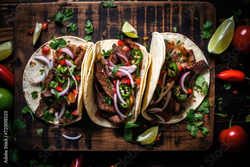 Mexican cuisine - Carne asada with tacos on countertop. Overhead view. photo