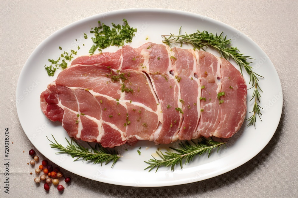 uncooked Pork on white table top. Overhead view. uncooked Pork on white table top. Overhead view.