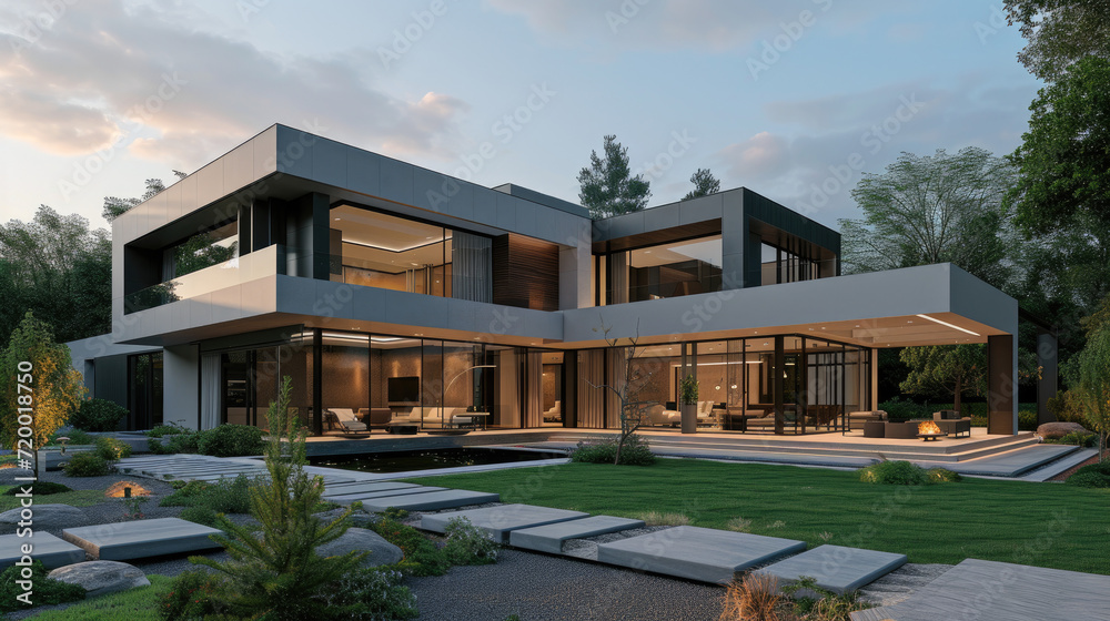a beautiful modern house in 3d render