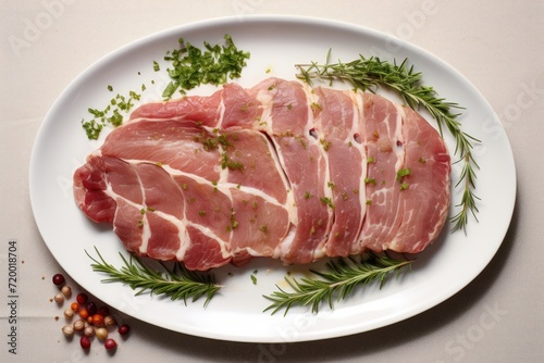 uncooked Pork on white table top. Overhead view.