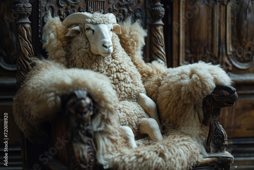 Classic wood carved chair with sheep skin