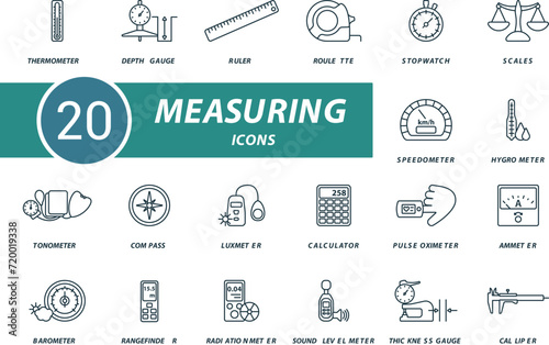 Measuring outline icons set. Creative icons: thermometer, depth gauge, ruler, roulette, stopwatch, scales, speedometer, hygrometer, tonometer and more photo