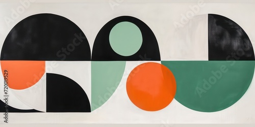 Geometric mid-century art, this painting green half-circles and accents of soothing orange features a backdrop of pure white.