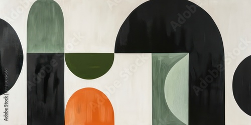 Geometric mid-century art, this painting green half-circles and accents of soothing orange features a backdrop of pure white.