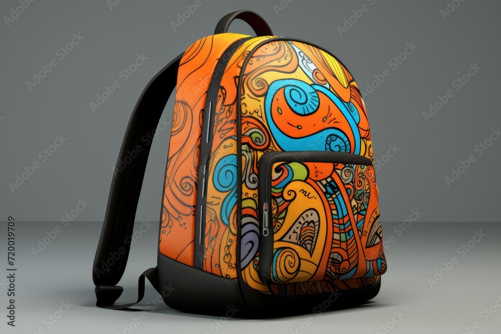 Backpack with drawings on a gray background, Back to school and education concept. 3d rendering. Backpack with school supplies on gray background Ai generated Backpack with drawings on a gray background, Back to school and education concept. 3d rendering. Backpack with school supplies on gray background Ai generated