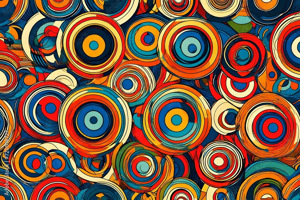 Circles of retro elegance intertwine in a seamless pattern, creating an abstract illustration with vibrant primary colors in a captivating dance.