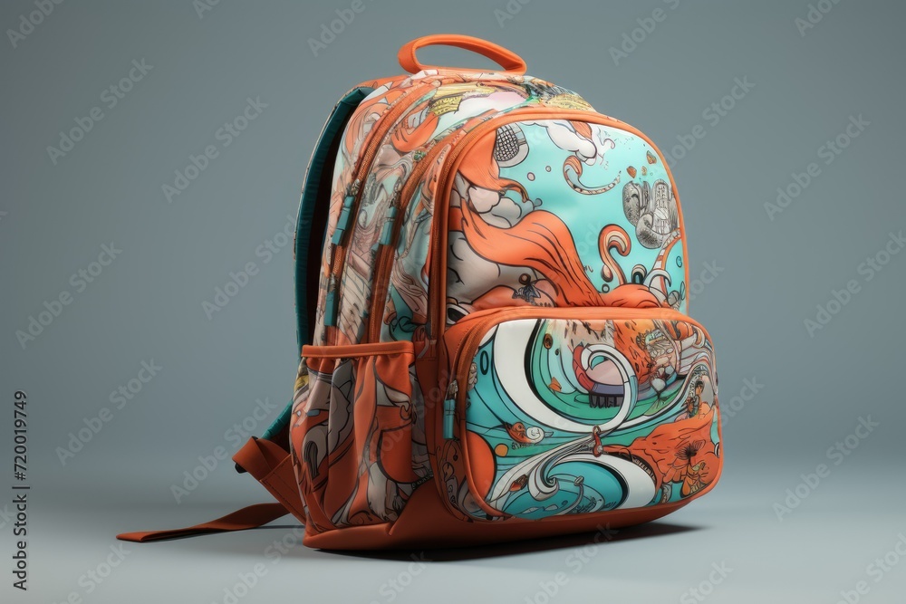 Backpack with drawings on a gray background, Back to school and education concept. 3d rendering. Backpack with school supplies on gray background Ai generated Backpack with drawings on a gray background, Back to school and education concept. 3d rendering. Backpack with school supplies on gray background Ai generated